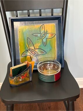 Vintage Kakadu Hand-Painted Tray, Bowl, and Coaster Set